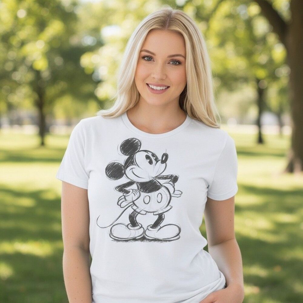 Disney Mickey Mouse Sketch Graphic T-Shirt Womens Size L White Crew Neck